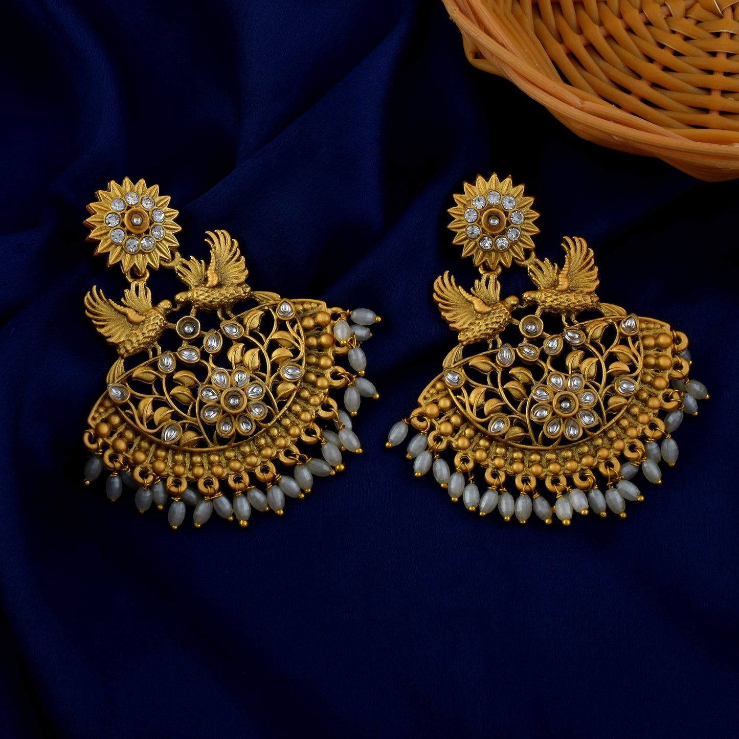 Stylish Gold Color Matte Gold Earrings With Traditional Stone Embellishment
