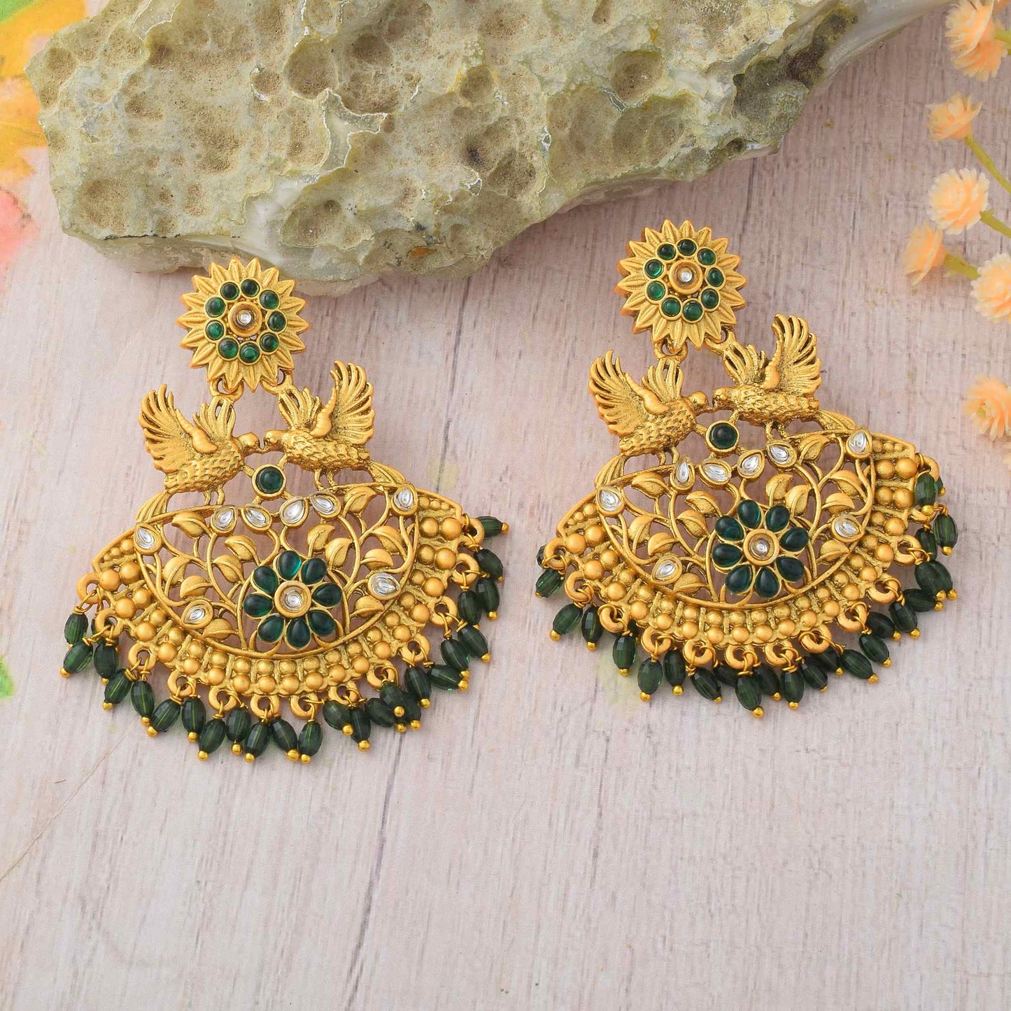 Graceful Green Color Matte Gold Earrings With Traditional Kundan Stone Work