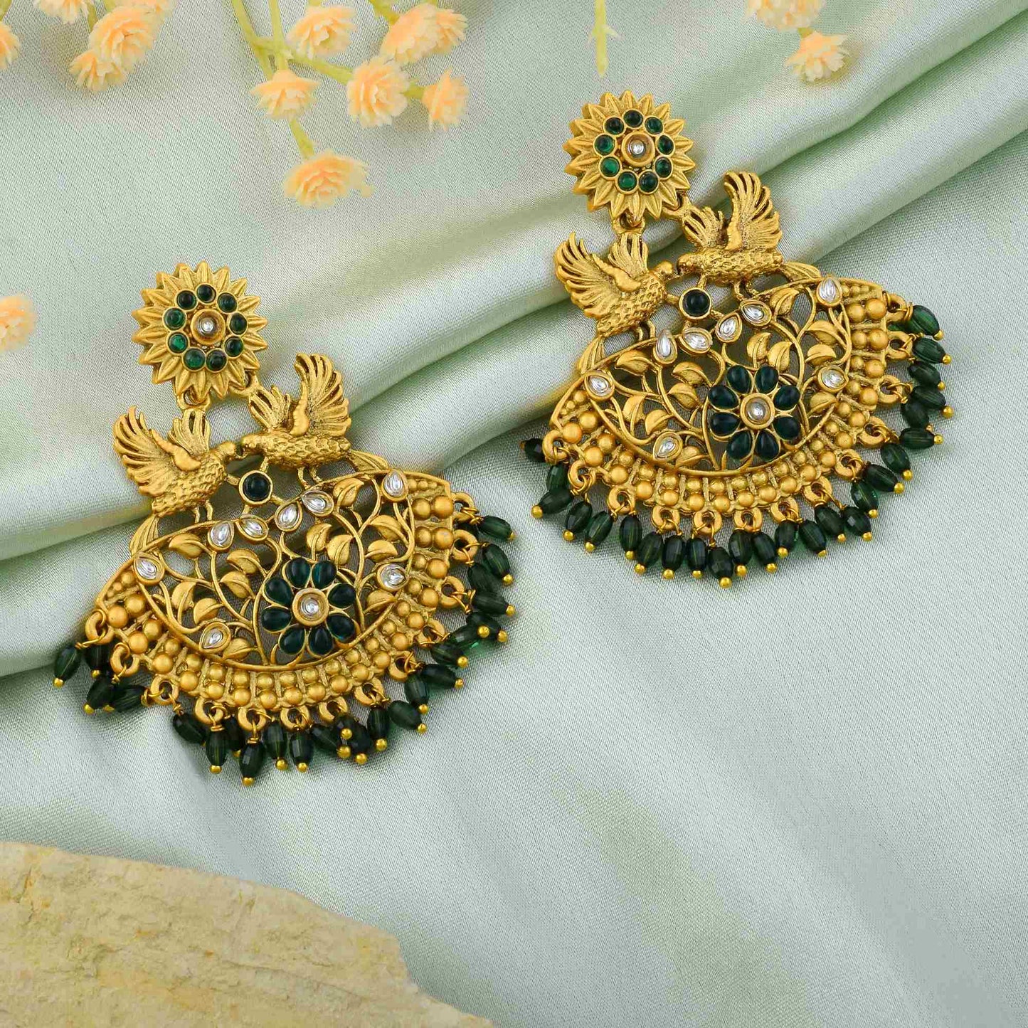 Graceful Green Color Matte Gold Earrings With Traditional Kundan Stone Work