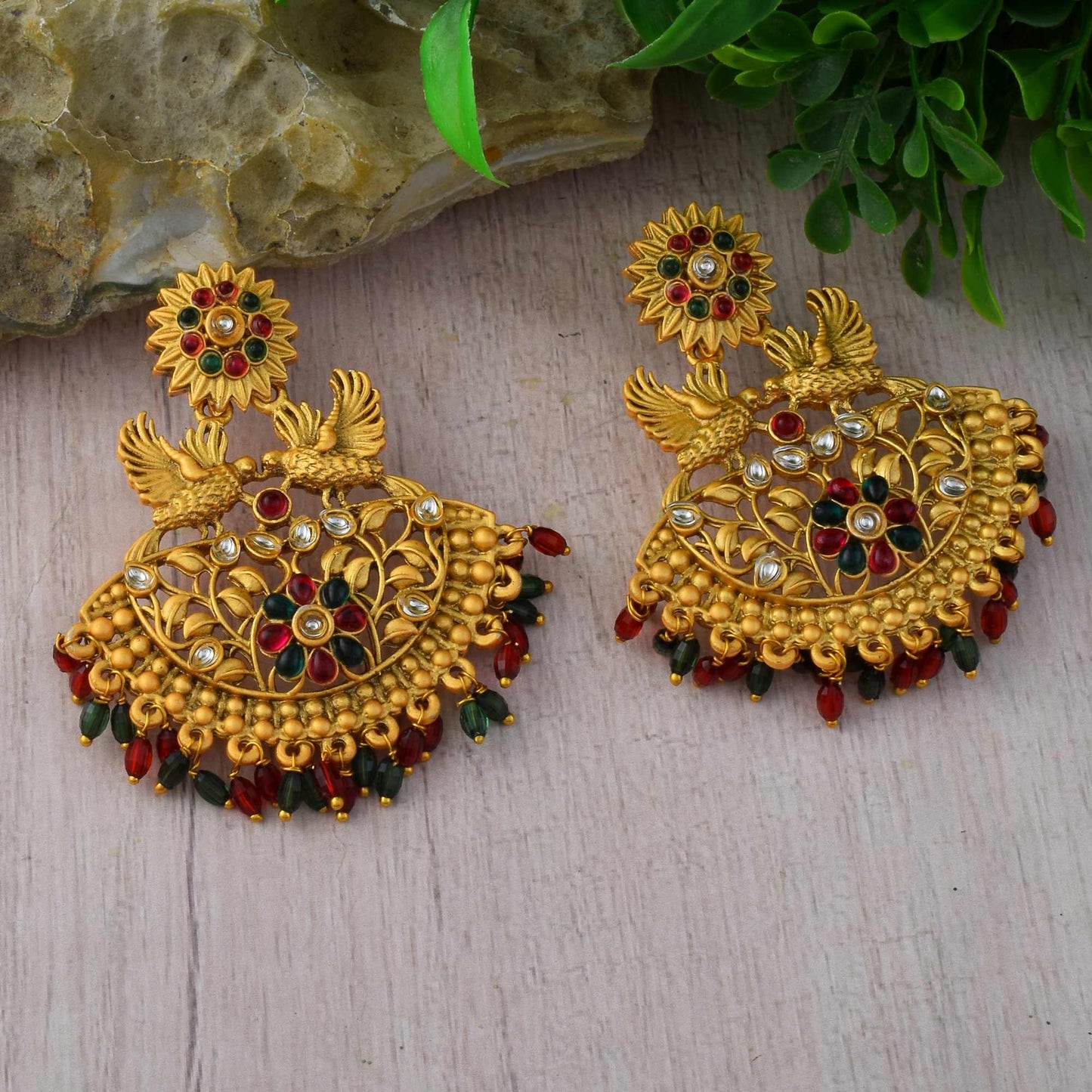 Beautiful Maroon & Green Color Matte Gold Earrings For Wedding Functions