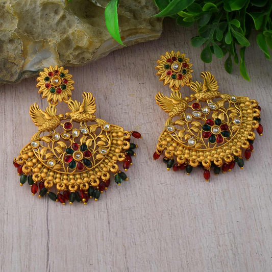 Beautiful Maroon & Green Color Matte Gold Earrings For Wedding Functions