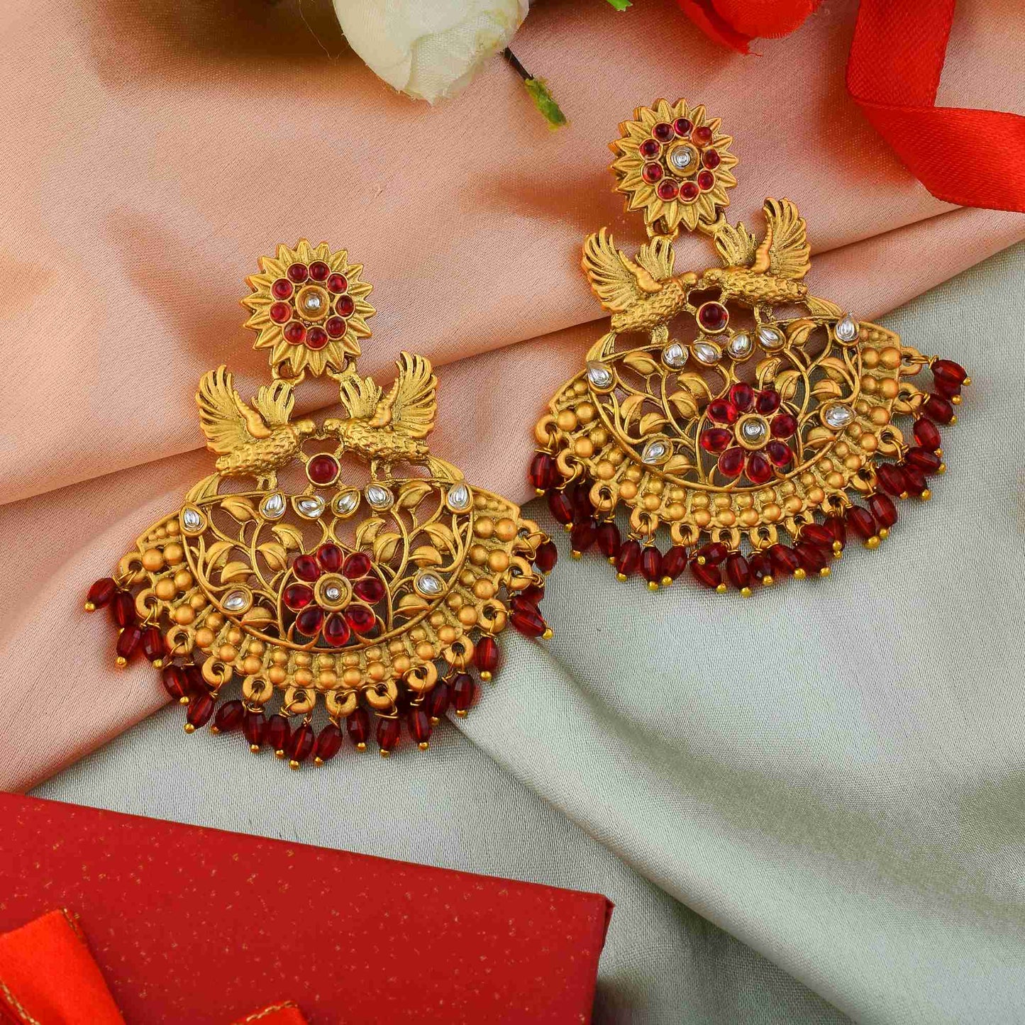 Elegant Maroon Color Matte Gold Earrings For Festive And Cultural Functions