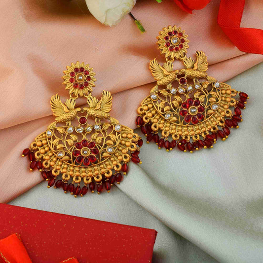 Elegant Maroon Color Matte Gold Earrings For Festive And Cultural Functions