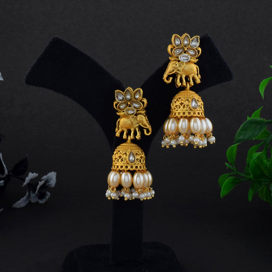 Royal Gold Color Matte Gold Earrings With Antique Handcrafted Design