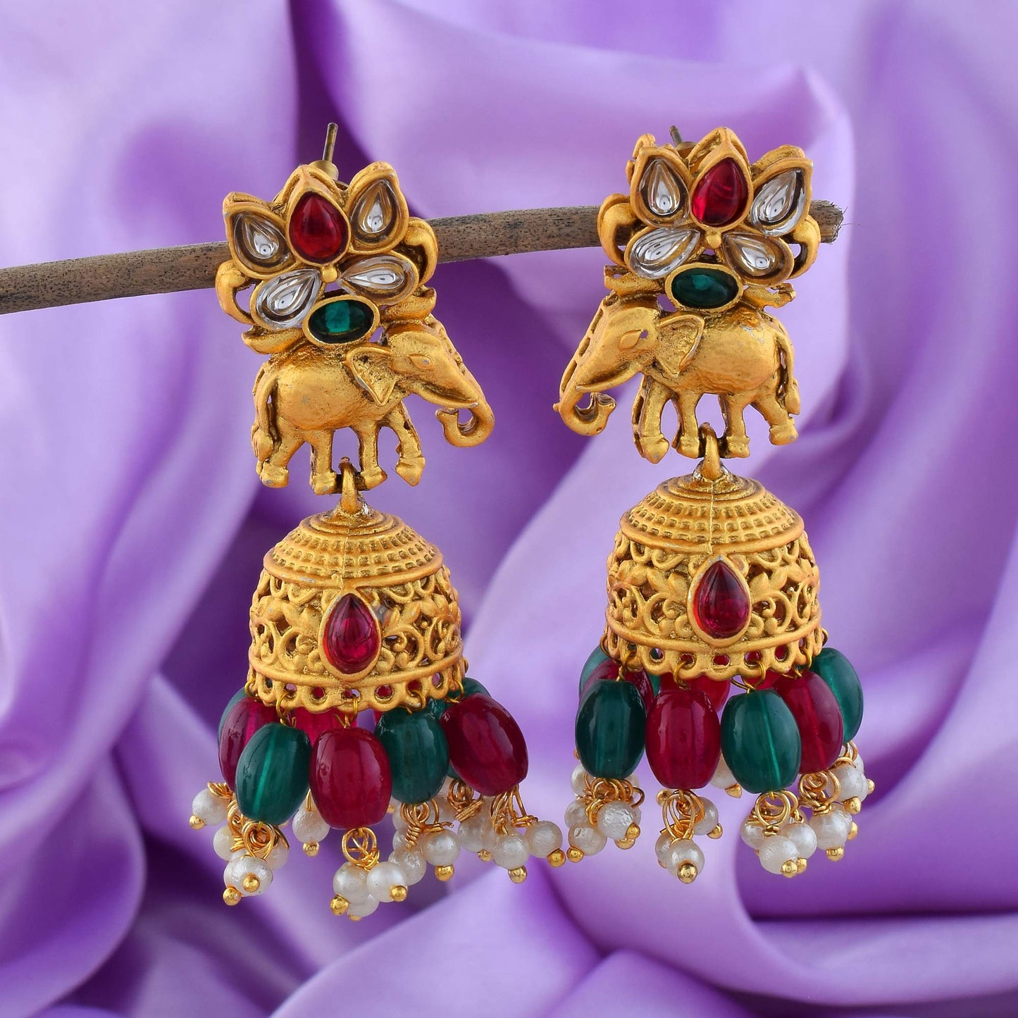 Exquisite Maroon & Green Color Matte Gold Earrings With Pearl Work