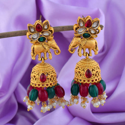 Exquisite Maroon & Green Color Matte Gold Earrings With Pearl Work
