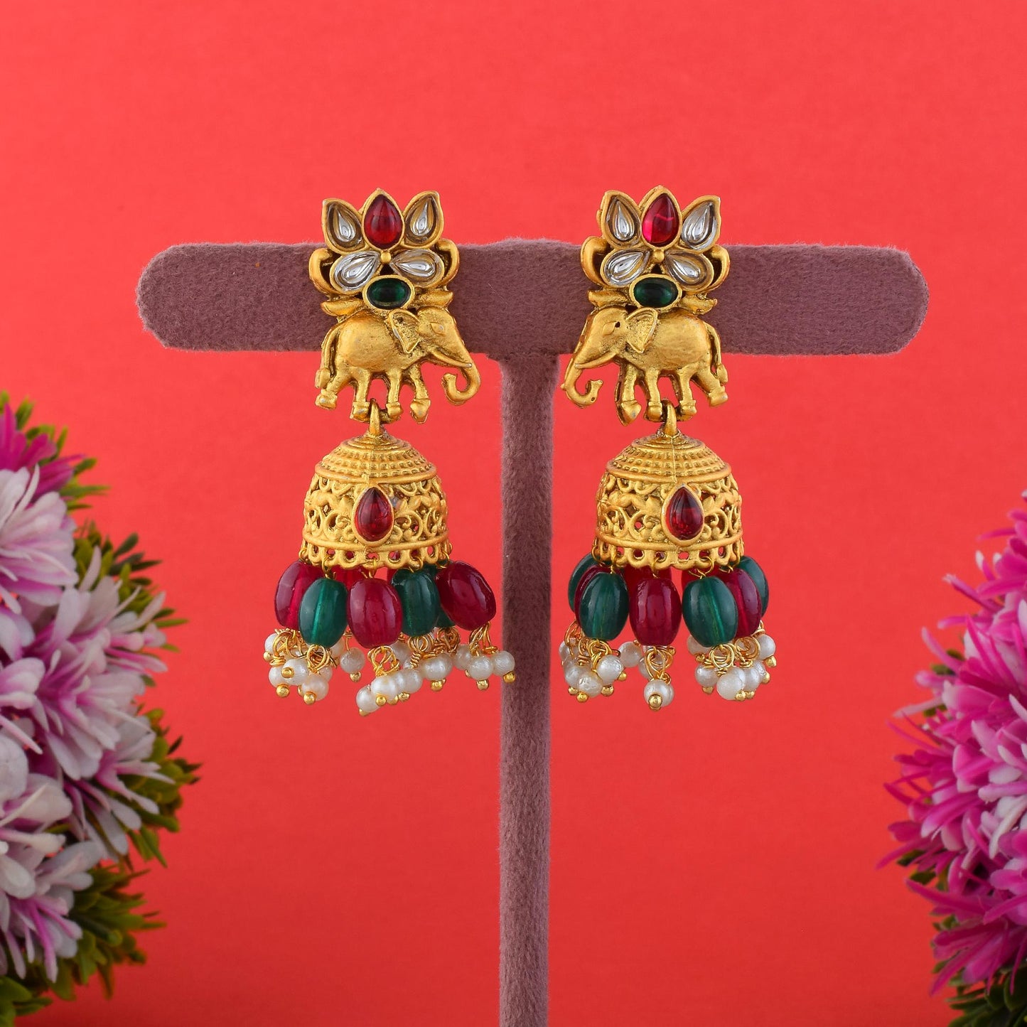 Exquisite Maroon & Green Color Matte Gold Earrings With Pearl Work