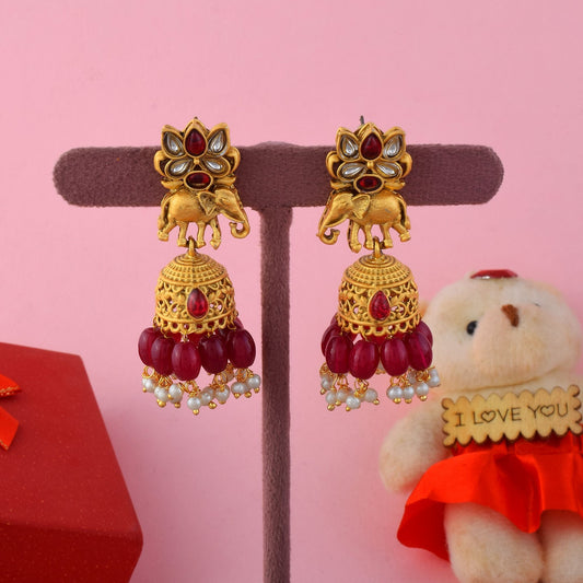 Stunning Maroon Color Matte Gold Earrings With Artistic Detailing For Brides
