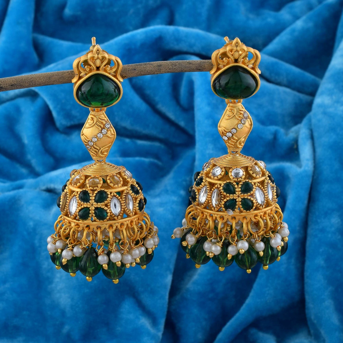 Beautiful Green Color Matte Gold Earrings With Kundan Stone Work Design
