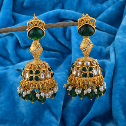 Beautiful Green Color Matte Gold Earrings With Kundan Stone Work Design