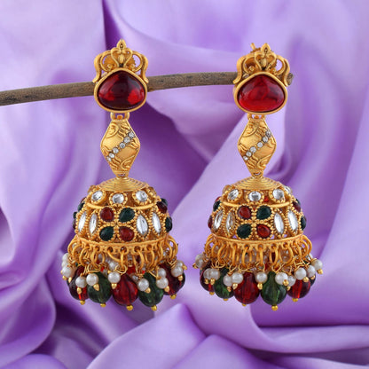 Elegant Maroon & Green Color Matte Gold Earrings With Stone Embellishment