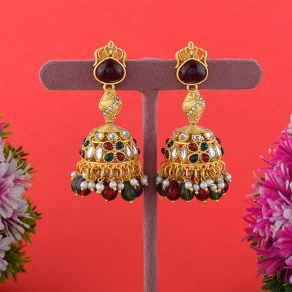 Elegant Maroon & Green Color Matte Gold Earrings With Stone Embellishment