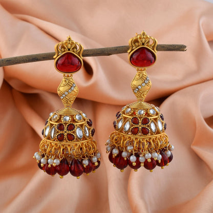 Gorgeous Maroon Color Matte Gold Earrings With Meenakari Antique Work