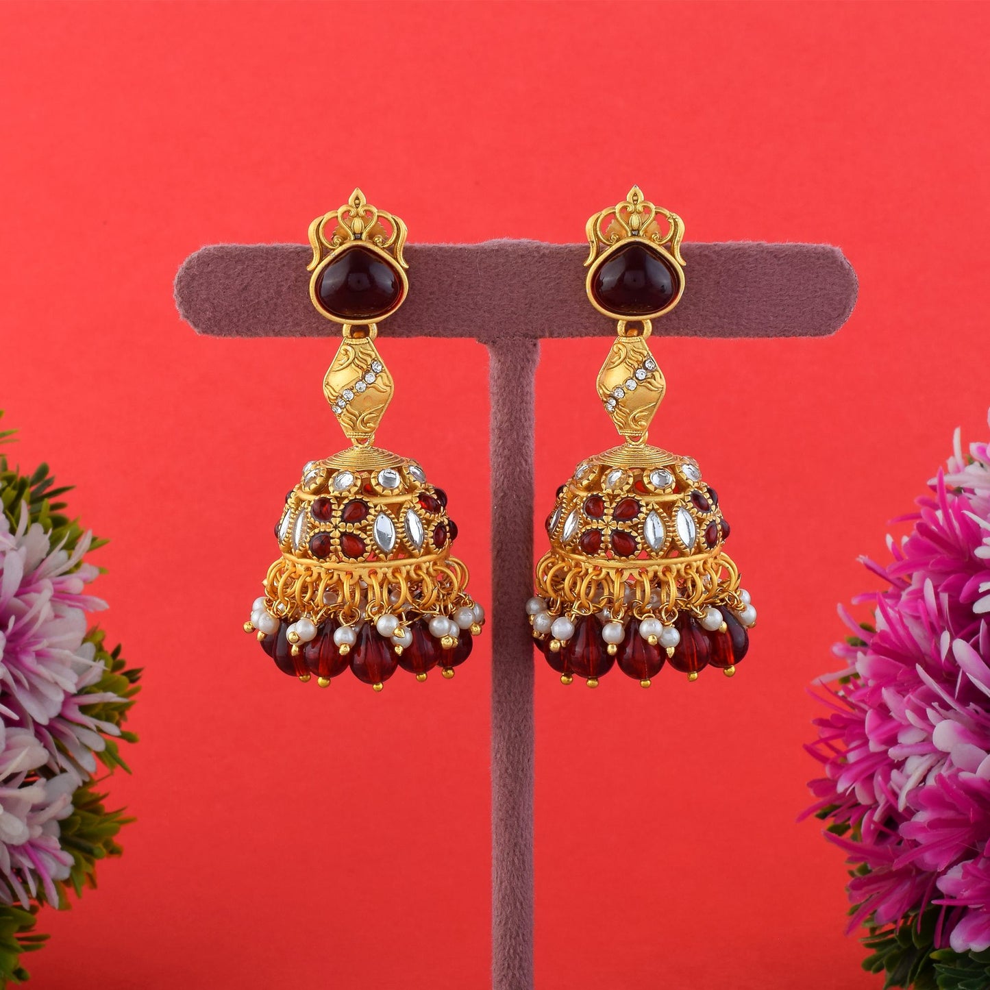 Gorgeous Maroon Color Matte Gold Earrings With Meenakari Antique Work