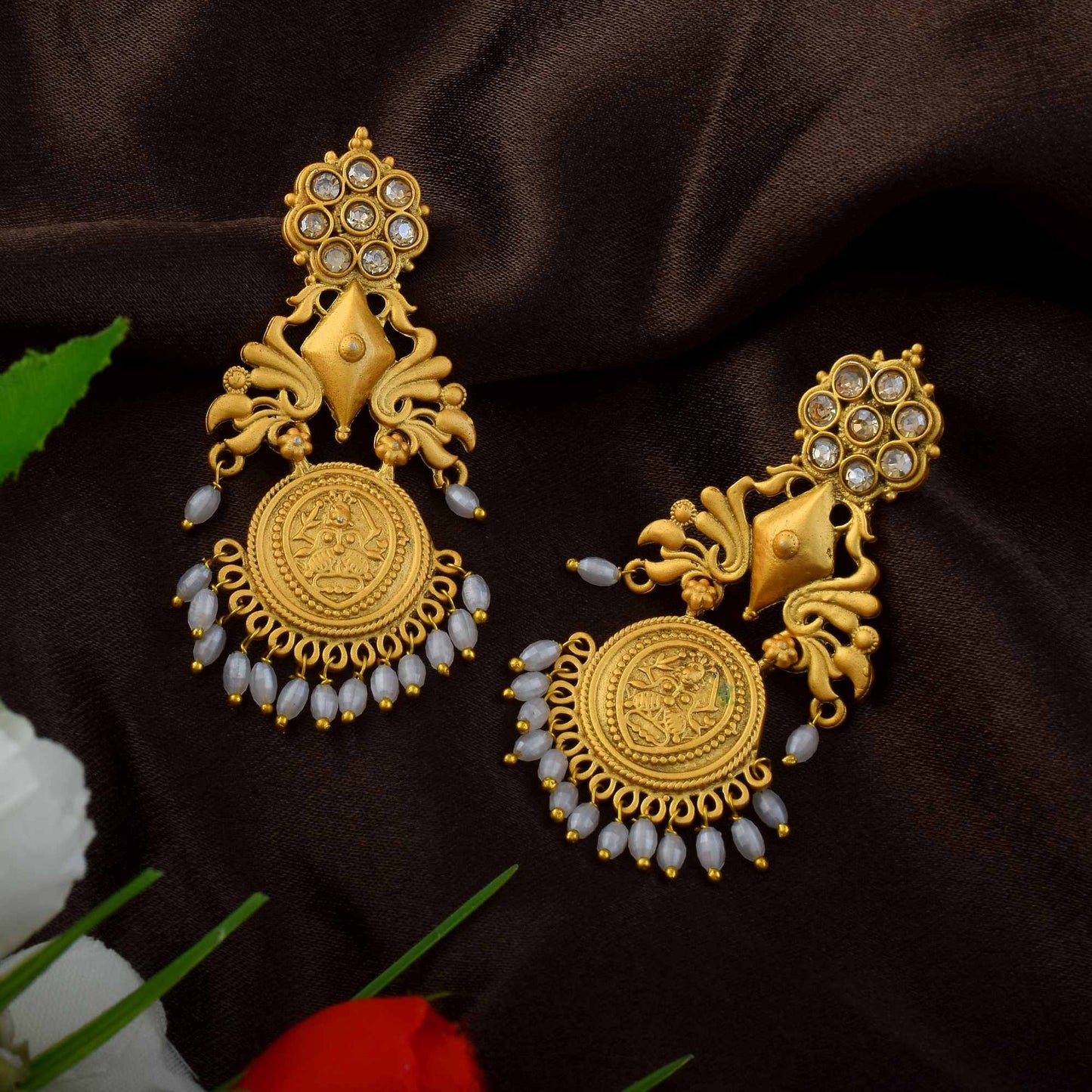 Elegant Gold Color Matte Gold Earrings With Meenakari And Kundan Design