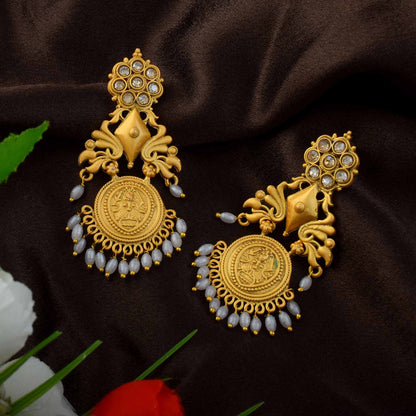 Elegant Gold Color Matte Gold Earrings With Meenakari And Kundan Design