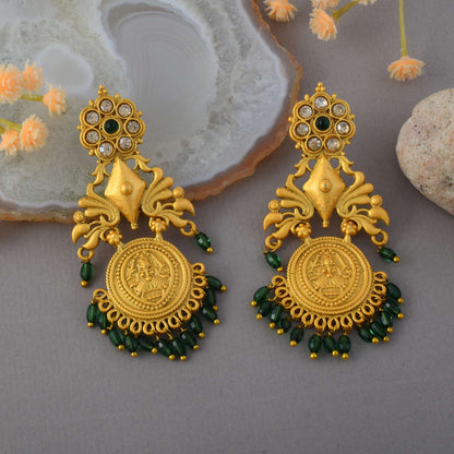 Stunning Green Color Matte Gold Earrings With Artistic Floral Stone Design
