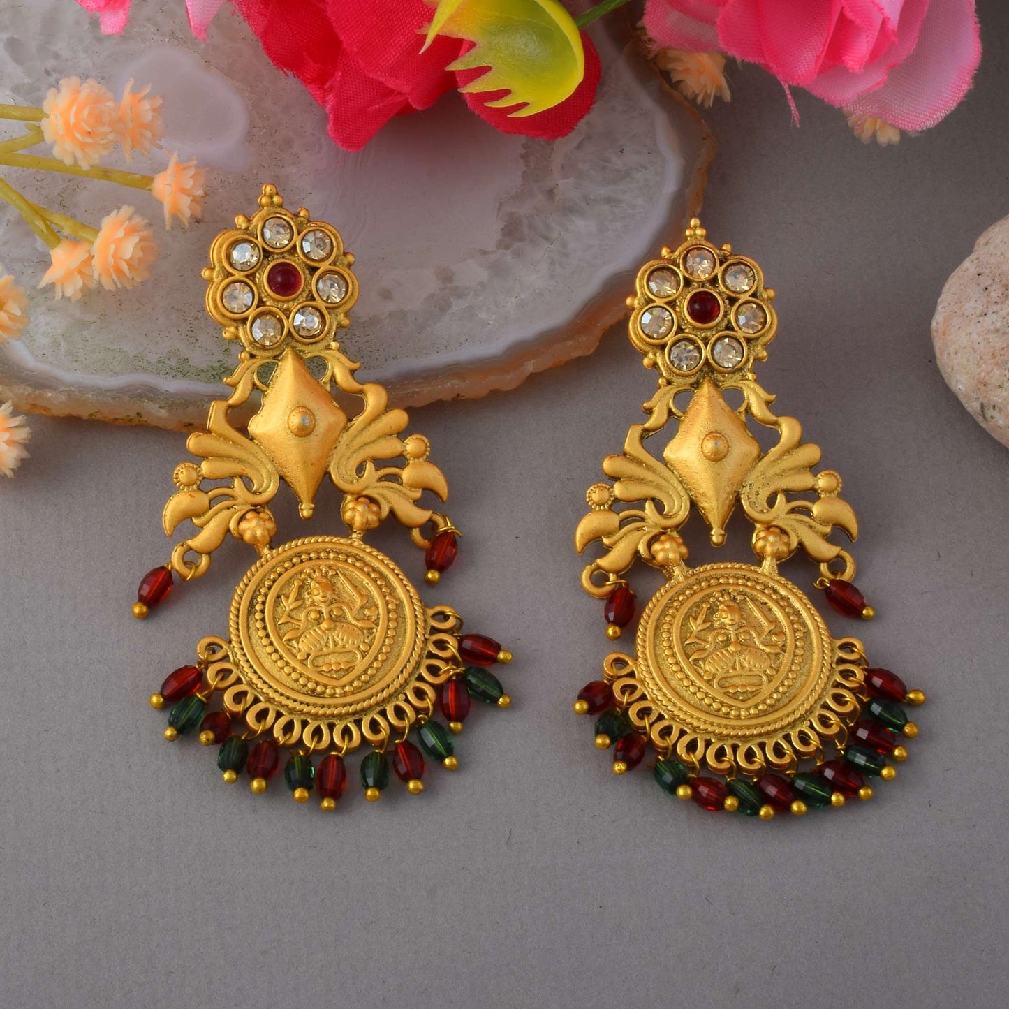 Premium Maroon & Green Color Matte Gold Earrings For Traditional Outfits
