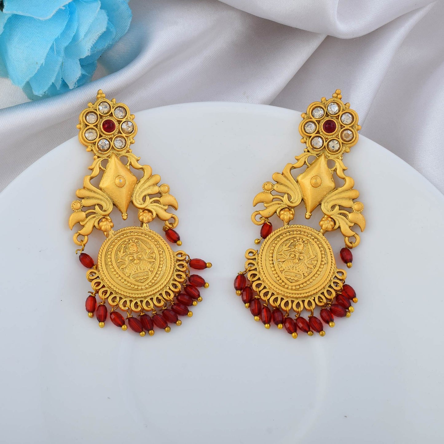 Graceful Maroon Color Matte Gold Earrings For Festive And Cultural Events