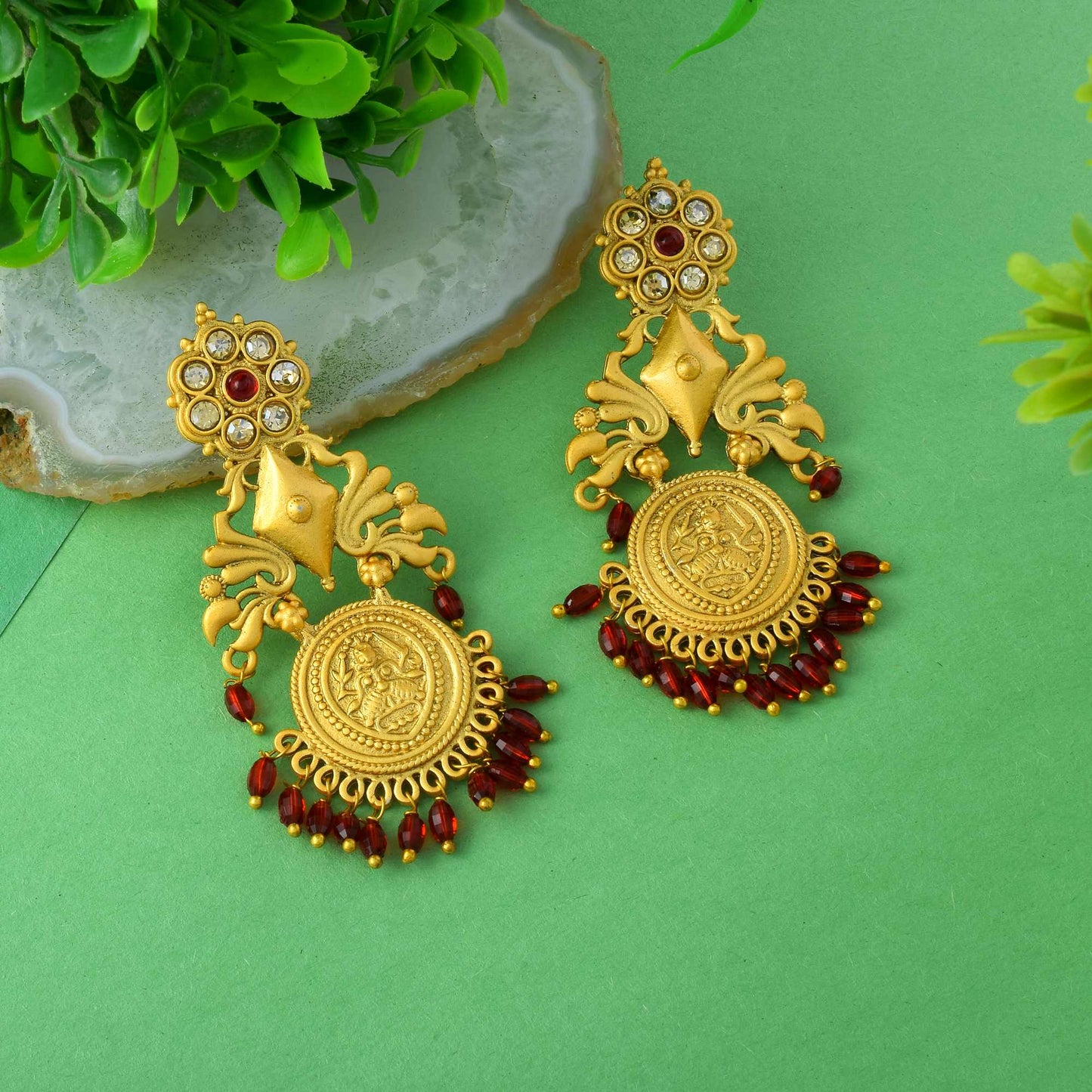 Graceful Maroon Color Matte Gold Earrings For Festive And Cultural Events