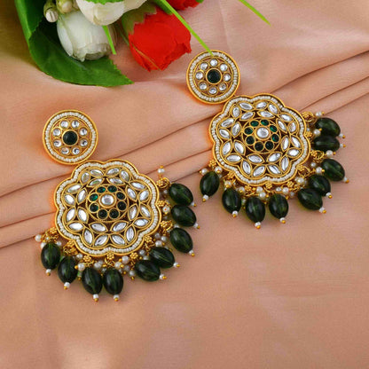 Elegant Green Color Kundan Matte Gold Earrings For Festive And Bridal Wear