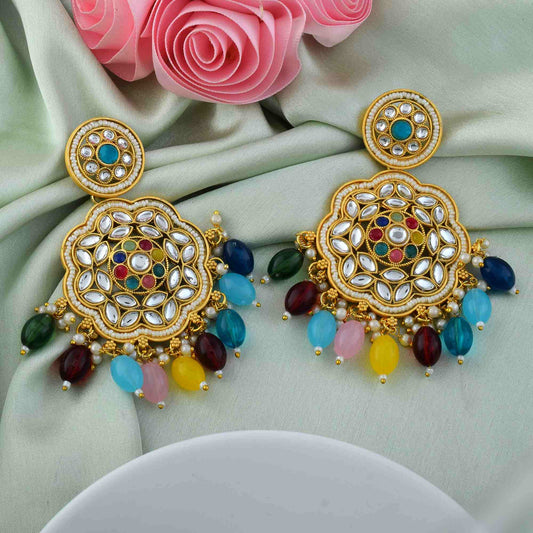 Multi Color Kundan Matte Gold Earrings With Traditional Indian Handcrafted Design
