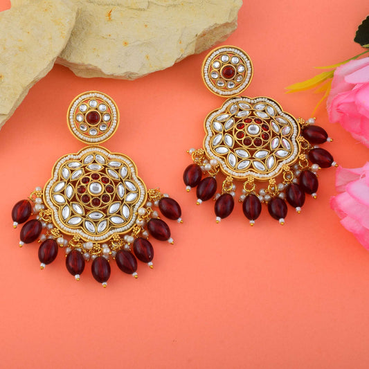 Beautiful Maroon Color Kundan Matte Gold Earrings For Wedding And Festival Looks