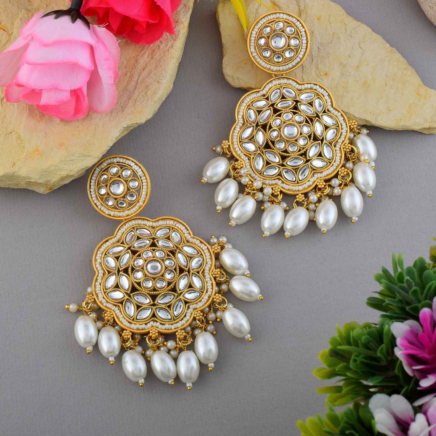 Classic White Color Kundan Matte Gold Earrings For Bride And Festive Occasions