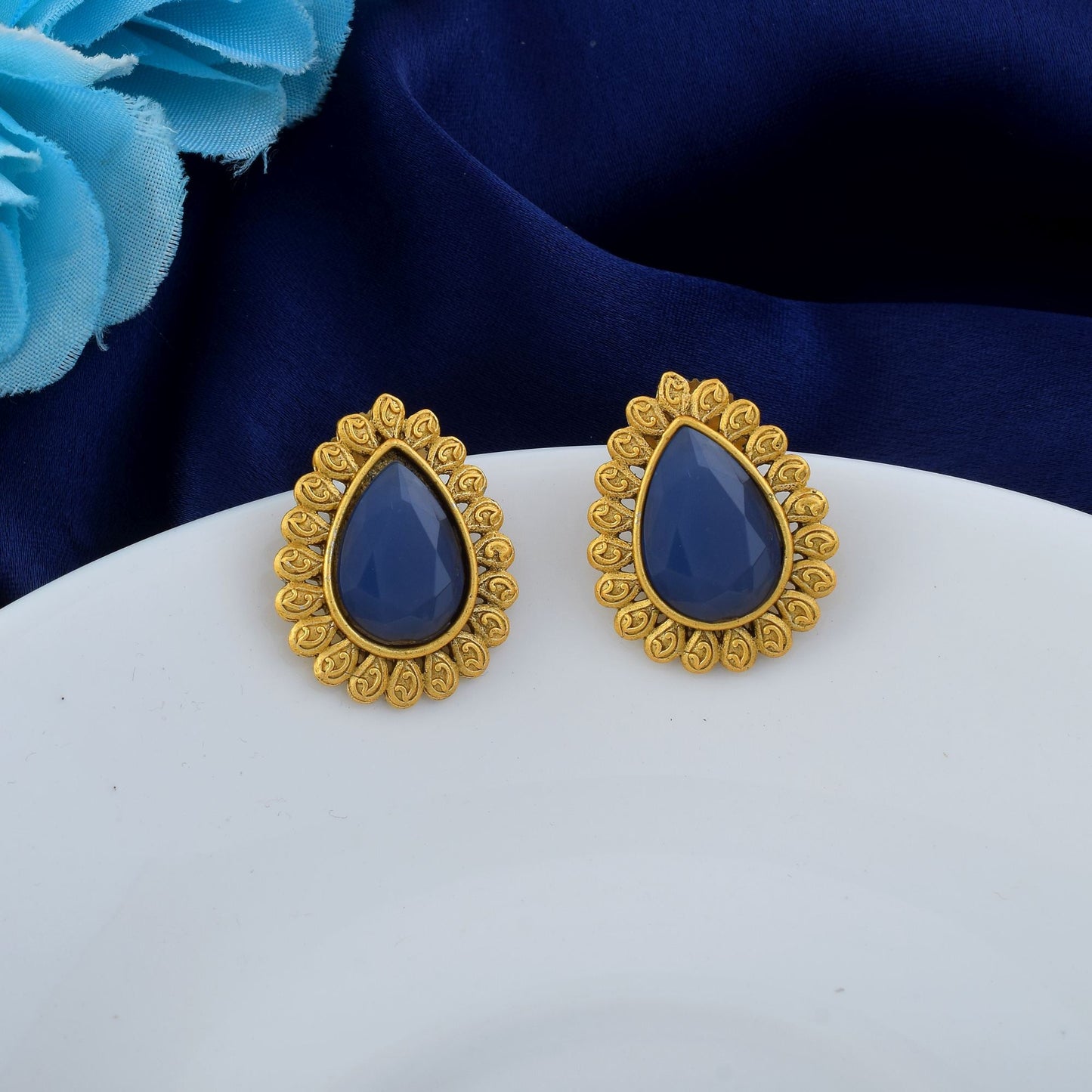 Stylish Blue Color Matte Gold Earrings For Traditional And Cultural Functions