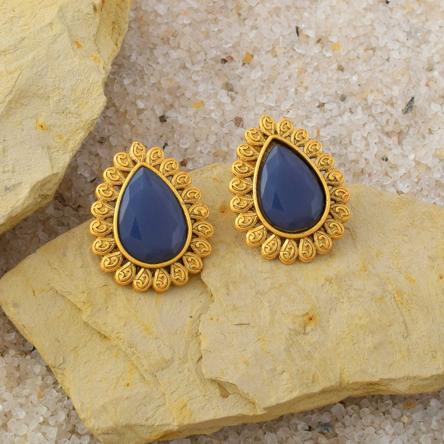 Stylish Blue Color Matte Gold Earrings For Traditional And Cultural Functions