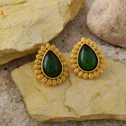 Gorgeous Green Color Matte Gold Earrings With Traditional Artistic Stone Work