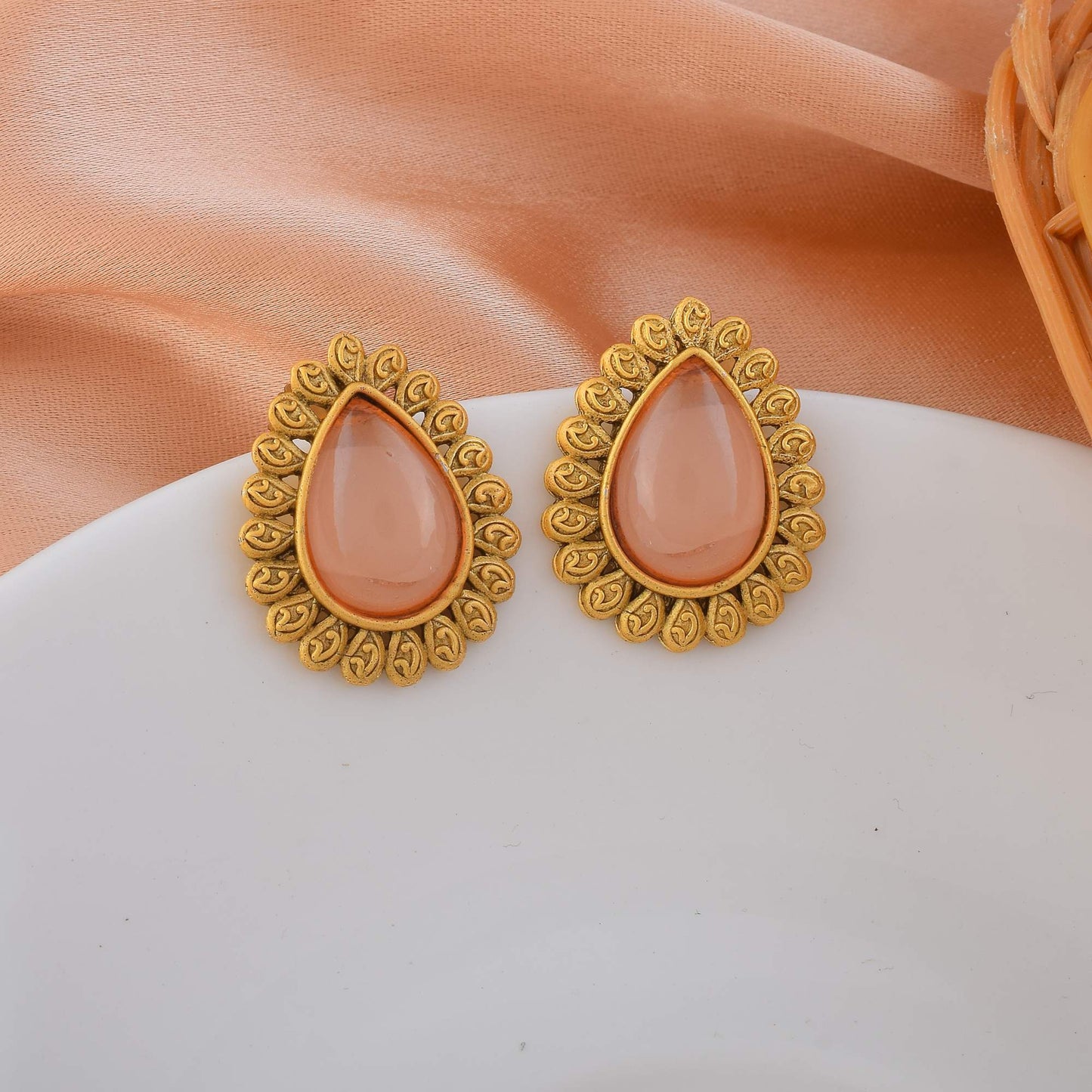 Elegant Light Pink Color Matte Gold Earrings With Kundan Stone Embellishments
