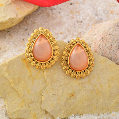 Elegant Light Pink Color Matte Gold Earrings With Kundan Stone Embellishments