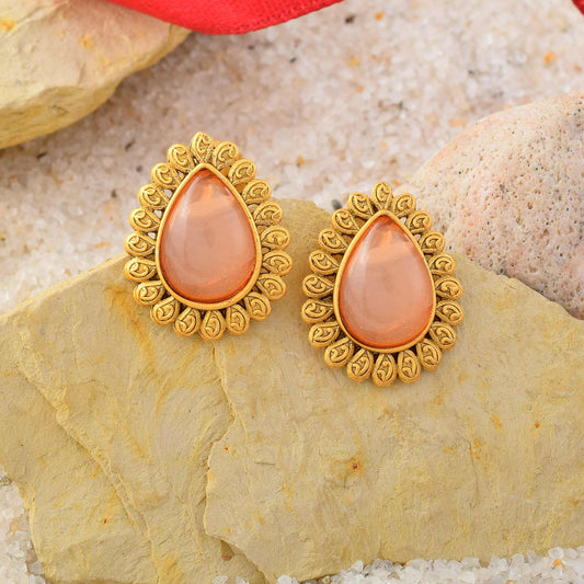 Elegant Light Pink Color Matte Gold Earrings With Kundan Stone Embellishments