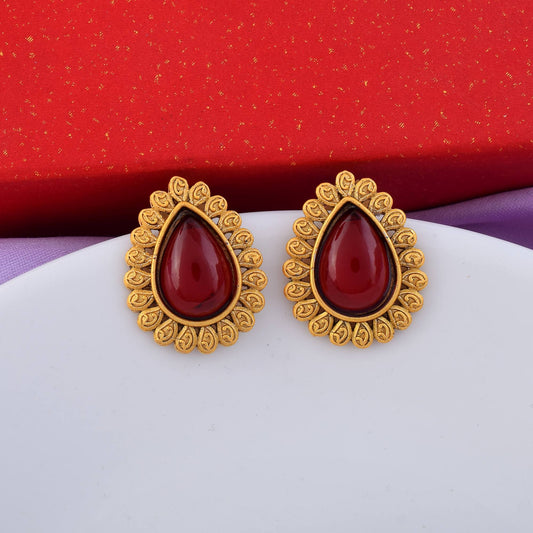Beautiful Red Color Matte Gold Earrings With Kundan And Pearl Finishing
