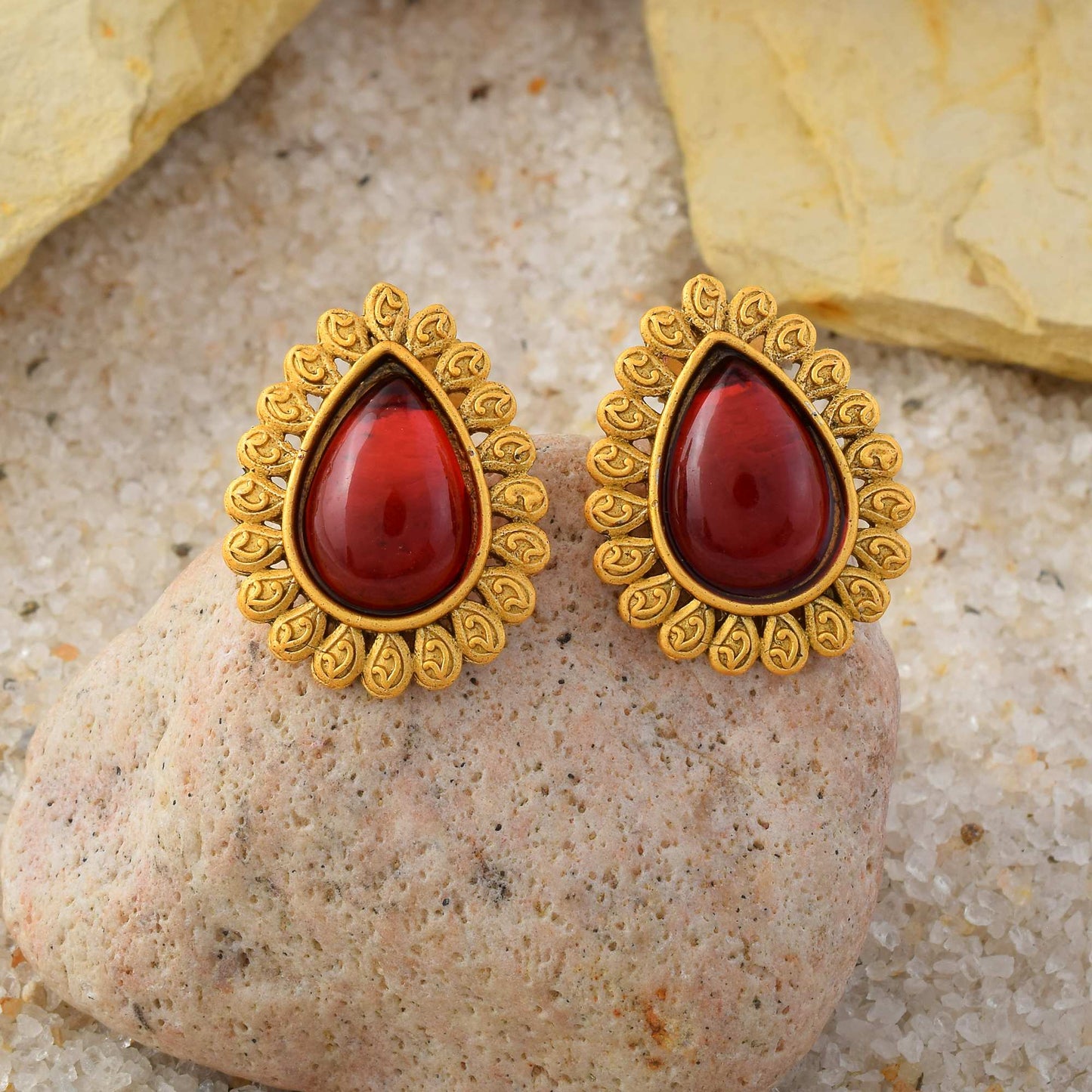 Beautiful Red Color Matte Gold Earrings With Kundan And Pearl Finishing