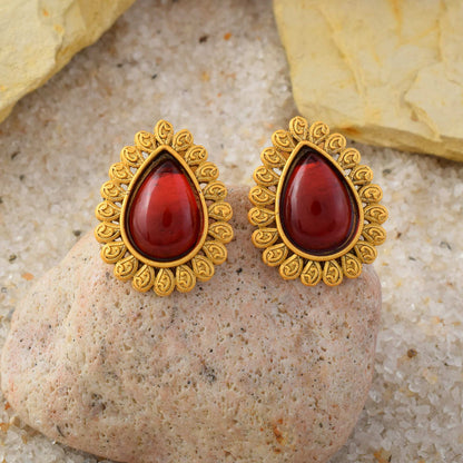 Beautiful Red Color Matte Gold Earrings With Kundan And Pearl Finishing