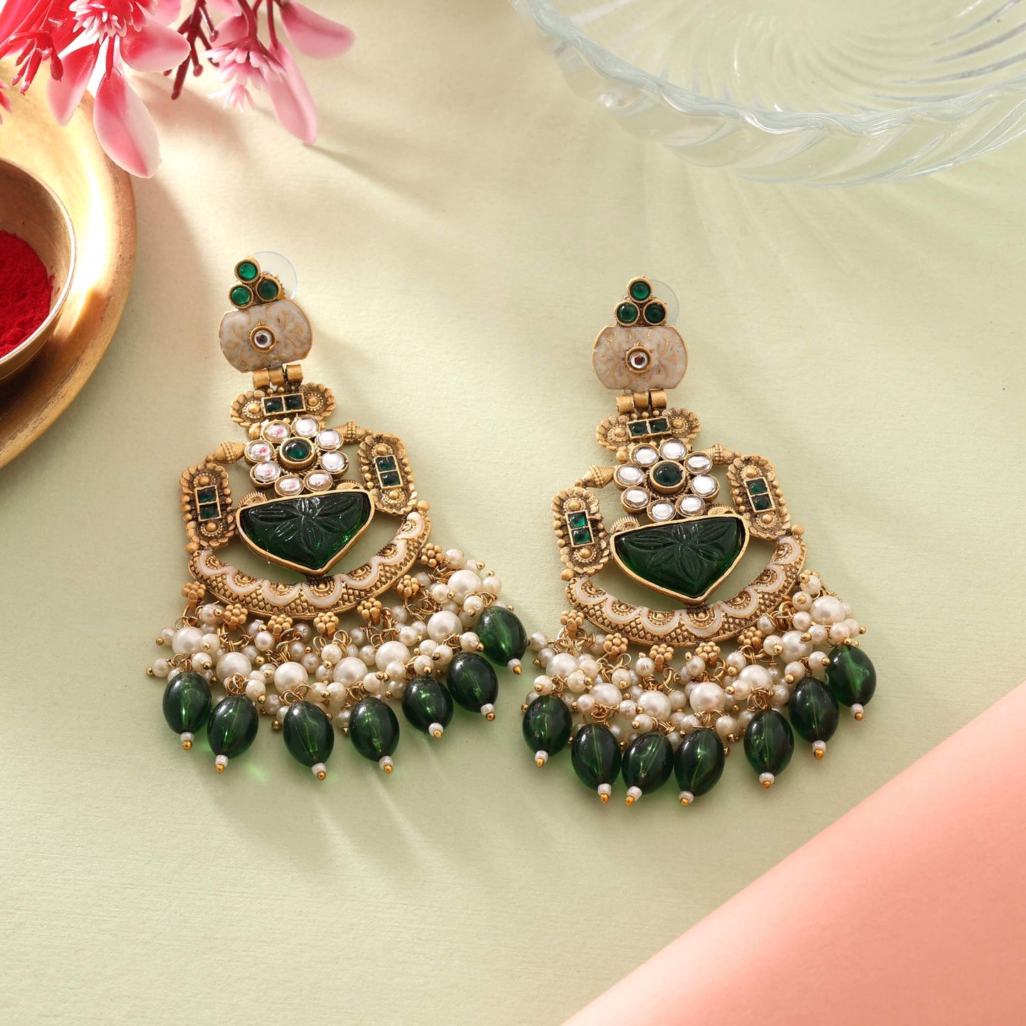 Classic Green Color Matte Gold Earrings With Antique Finish And Stone Design