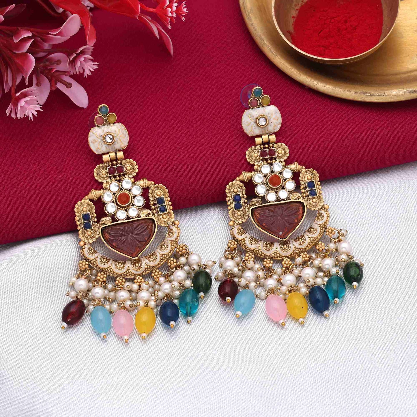 Multi Color Matte Gold Earrings For Party Wear And Traditional Occasions