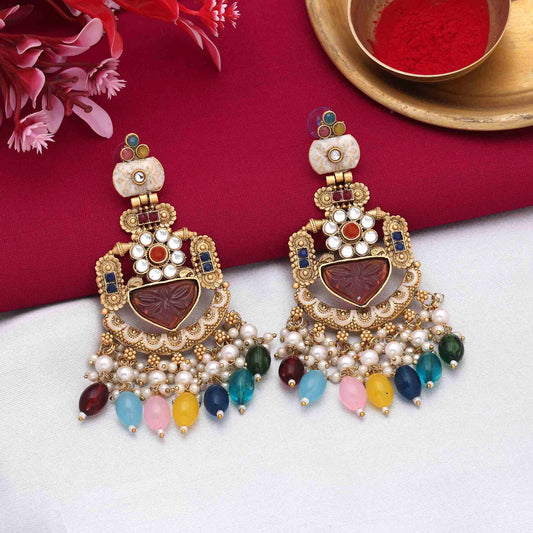 Multi Color Matte Gold Earrings For Party Wear And Traditional Occasions