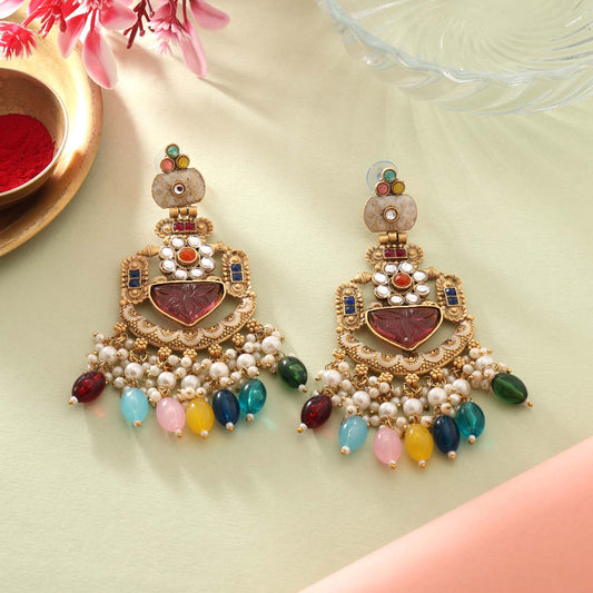 Multi Color Matte Gold Earrings For Party Wear And Traditional Occasions