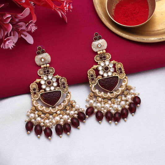 Gorgeous Maroon Color Matte Gold Earrings For Festive And Ethnic Outfits