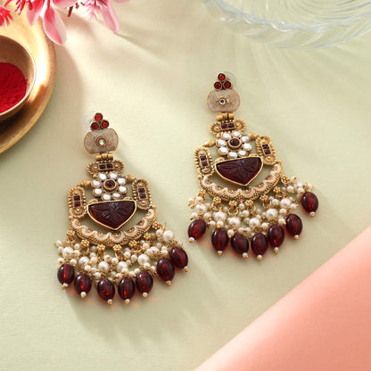 Gorgeous Maroon Color Matte Gold Earrings For Festive And Ethnic Outfits
