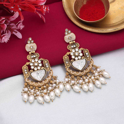 Beautiful White Color Matte Gold Earrings With Stone And Pearl Embellishment