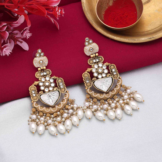 Beautiful White Color Matte Gold Earrings With Stone And Pearl Embellishment