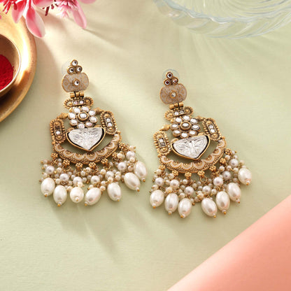 Beautiful White Color Matte Gold Earrings With Stone And Pearl Embellishment