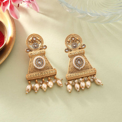 Stylish Gold Color Matte Gold Earrings With Traditional Temple Jewelry Design