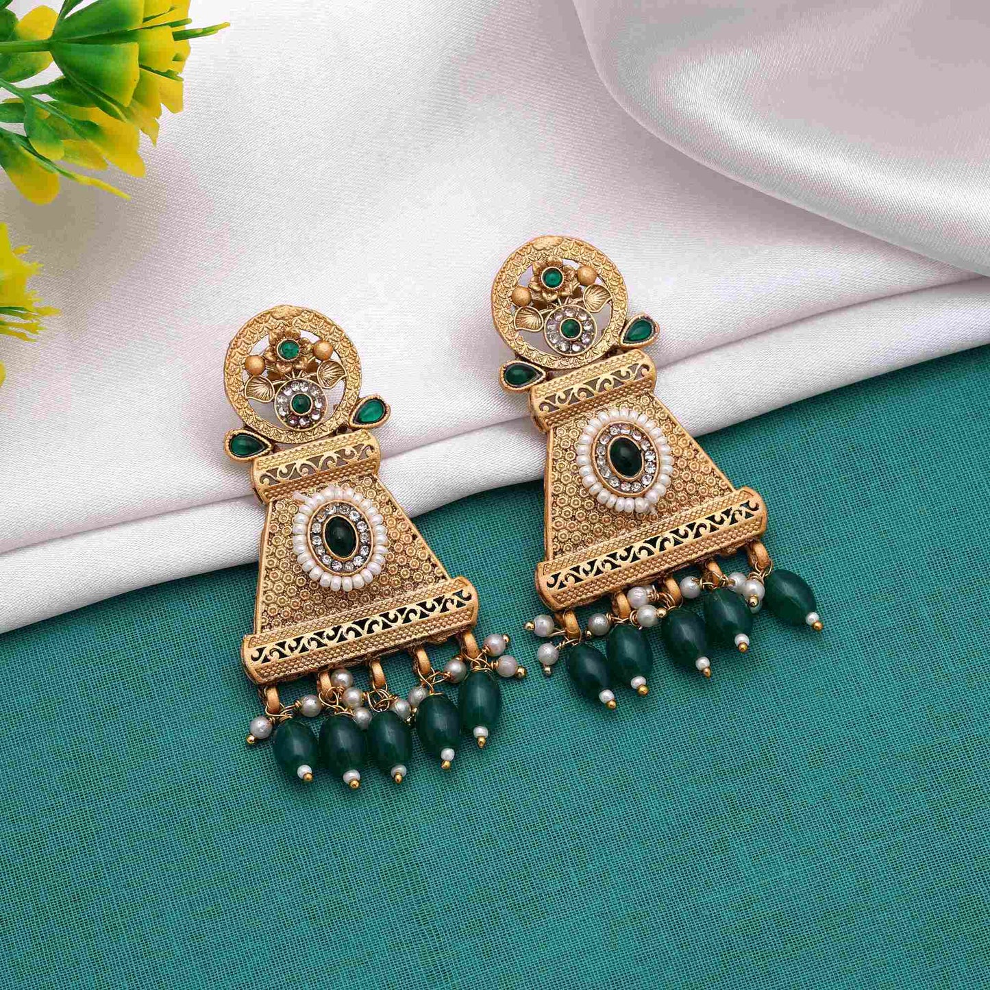 Elegant Green Color Matte Gold Earrings With Kundan And Meenakari Craftwork