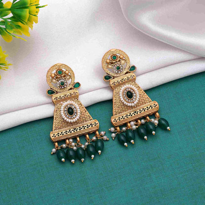 Elegant Green Color Matte Gold Earrings With Kundan And Meenakari Craftwork