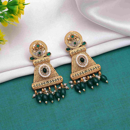 Elegant Green Color Matte Gold Earrings With Kundan And Meenakari Craftwork